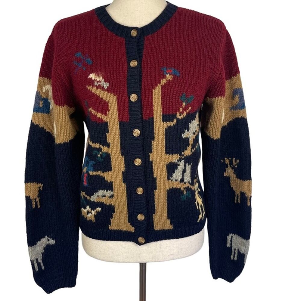 Vintage 80s Cardigan Sweater 100% Shetland Wool Animal Motif Women's Small - Picture 3 of 9